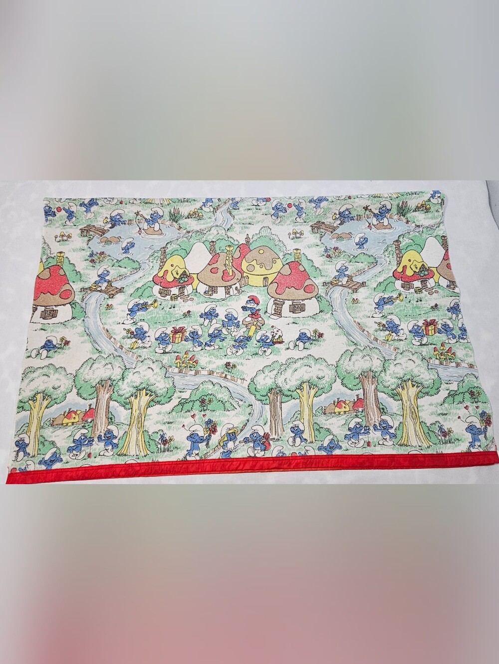 Vintage Original Smurfs Kids Bedding Twin Size Mushroom Village 80s